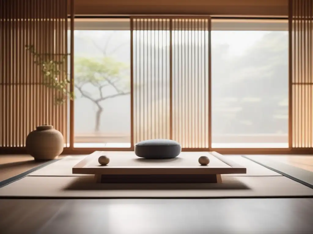 Espacio de meditación minimalista y tranquilo con arte y cojín japonés