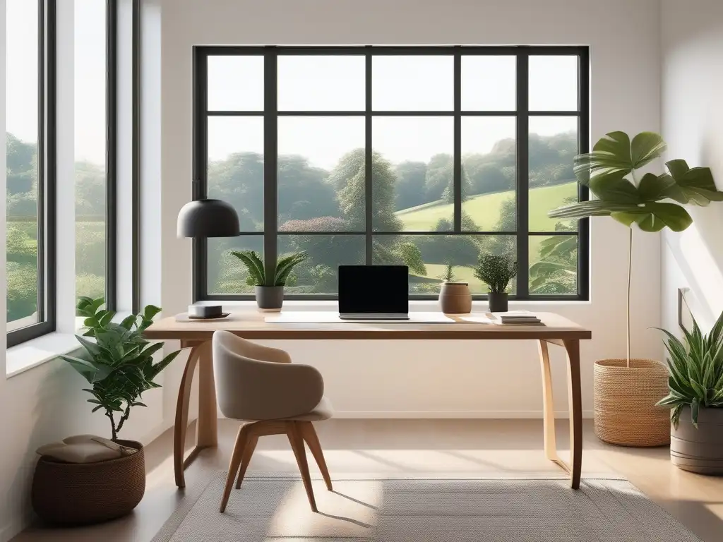 Un espacio de trabajo sereno y minimalista con luz natural, ventana y paisaje verde