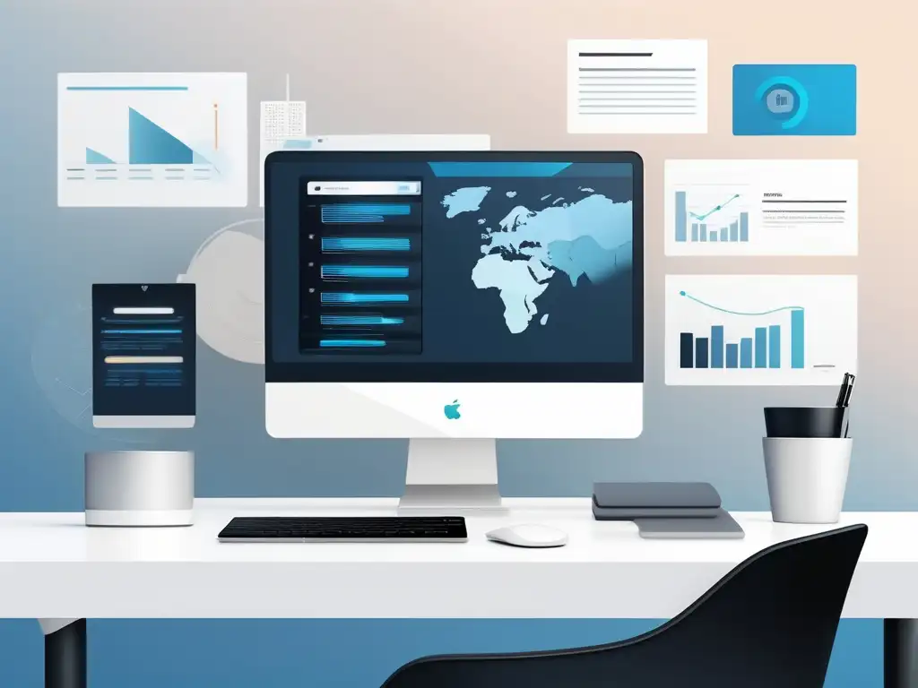 Espacio de trabajo futurista con escritorio blanco, laptop negra y herramientas de productividad en teletrabajo