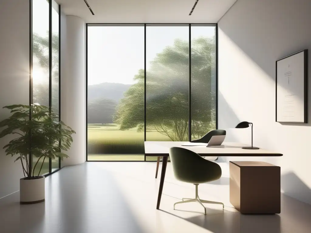 Espaciosa habitación blanca con vista a un paisaje verde, minimalista con potencial creativo y mindfulness