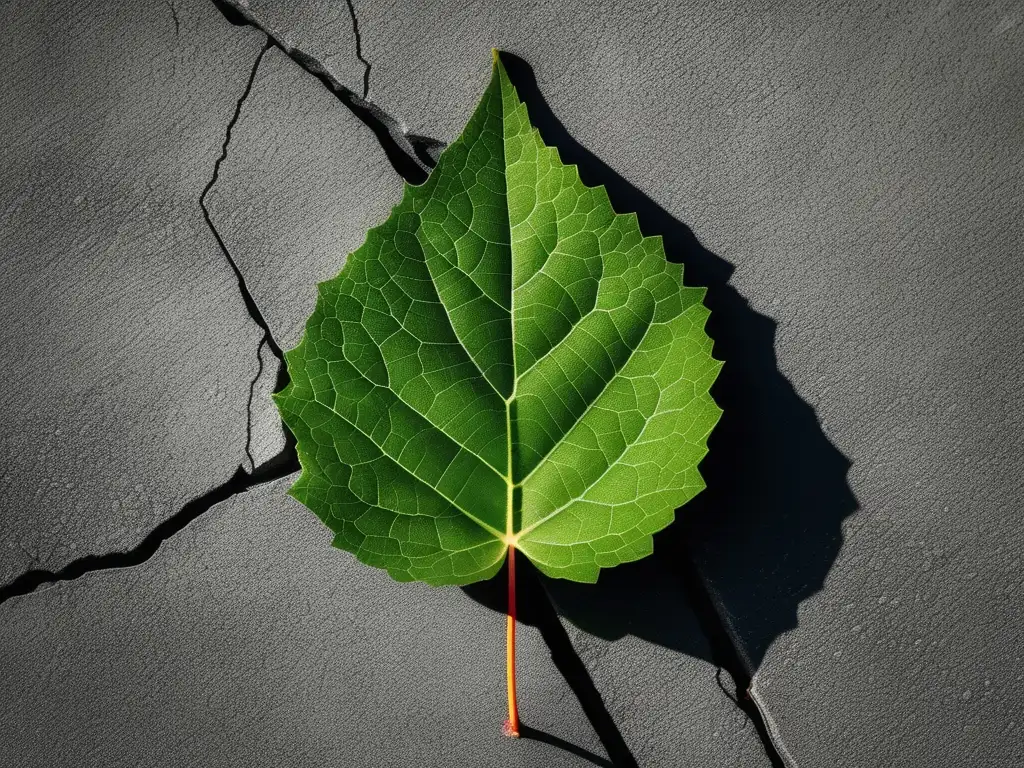 Estrategias de comunicación sostenible: Hoja verde emerge de concreto, simbolizando esperanza y poder de la naturaleza