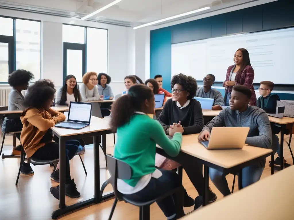 Estudiantes diversos trabajando en equipo, usando tecnología y herramientas físicas