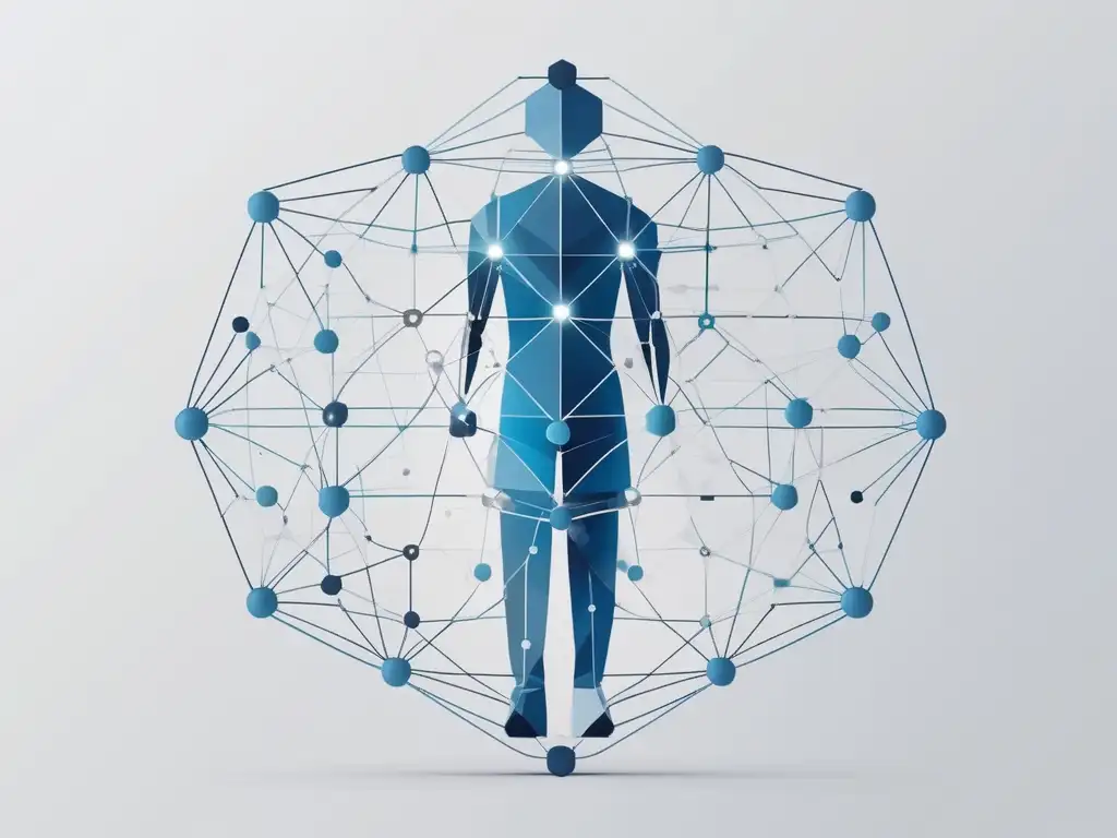 Figura humana de formas geométricas, simbolizando habilidades blandas en liderazgo robótico
