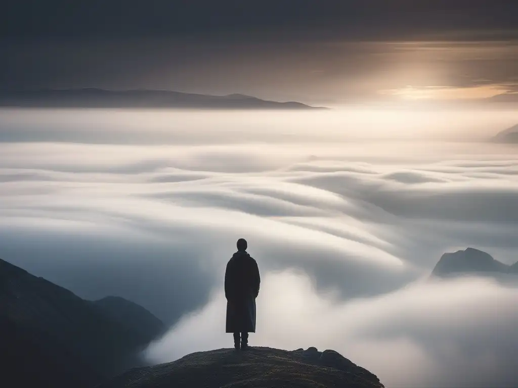 Figura solitaria abrazando el mundo en la cima de una montaña, rodeada de nubes y niebla