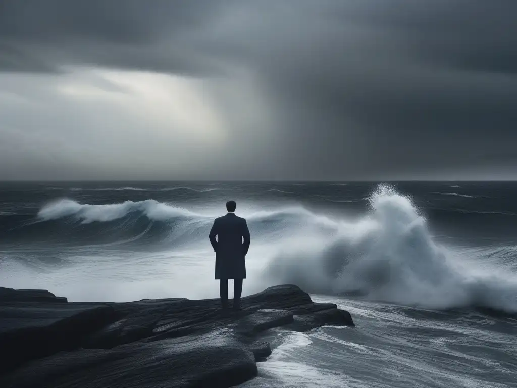 Habilidades de liderazgo en tiempos inciertos, figura solitaria frente al mar tormentoso