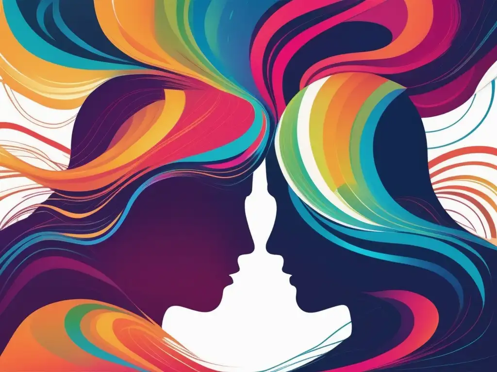 Figuras en armonía con colores vivos Realidad Virtual para manejo de conflictos: Figuras enfrentadas con colores vibrantes, simbolizando empatía y habilidades emocionales