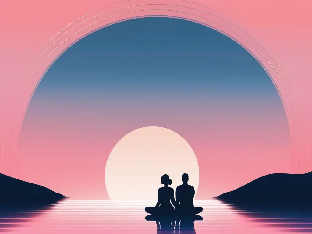 Beneficios de mindfulness en pareja: Figuras en silueta, fondo tranquilo, conexión y equilibrio