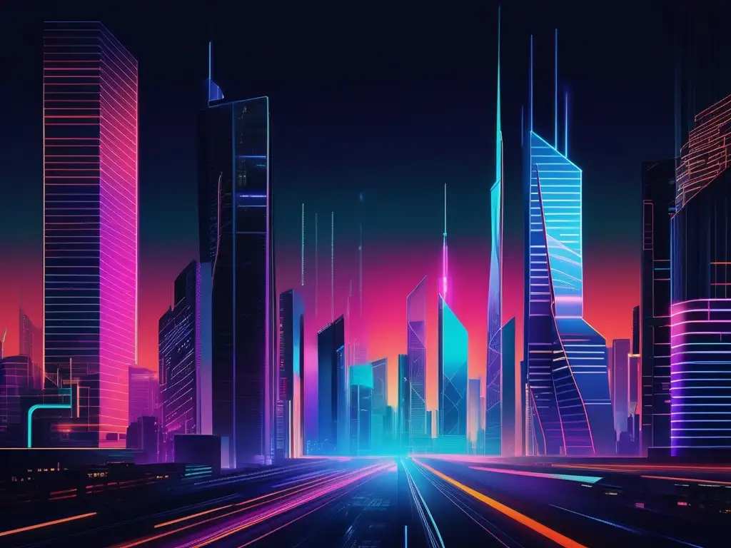 Importancia adaptabilidad tecnológica futuro trabajo: ciudad futurista con rascacielos y luces neon