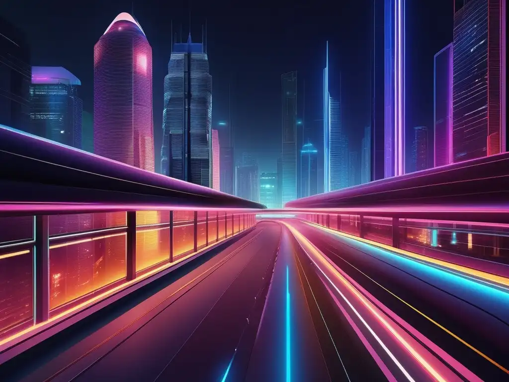 Ciudad futurista nocturna con luces de neón y arquitectura geométrica