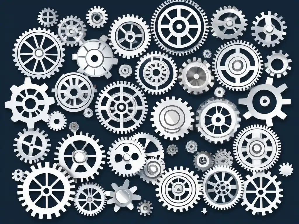 Importancia de la integridad en la innovación: una imagen abstracta y minimalista que representa una red de engranajes interconectados, simbolizando los valores de integridad, confianza, transparencia y ética en la cultura organizacional