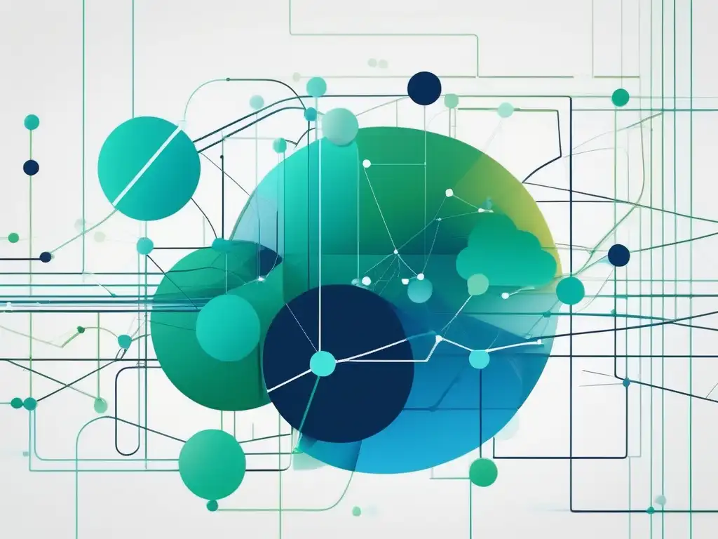 Importancia habilidades blandas en Big Data: paisaje digital abstracto con nodos interconectados y líneas, representando habilidades como comunicación, colaboración, adaptabilidad y resolución de problemas