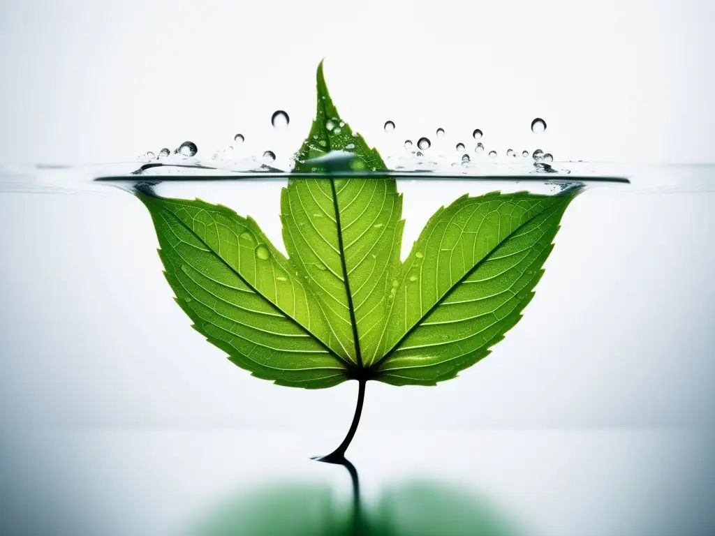 Hoja verde flotando en el aire, con gotas de agua suspendidas y simetría perfecta