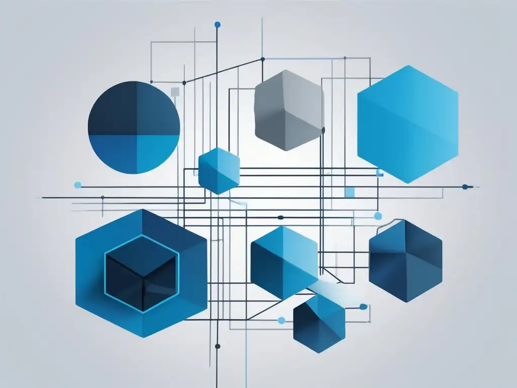 Habilidades blandas en teletrabajo y PNL: imagen abstracta de formas geométricas azules y grises interconectadas, simbolizando comunicación, adaptabilidad y eficiencia