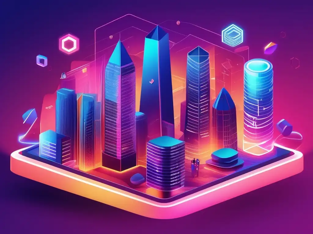 Habilidades blandas en enseñanza con Realidad Aumentada: Ciudad futurista con arquitectura geométrica y paneles transparentes que muestran íconos de trabajo en equipo, comunicación, adaptabilidad y liderazgo