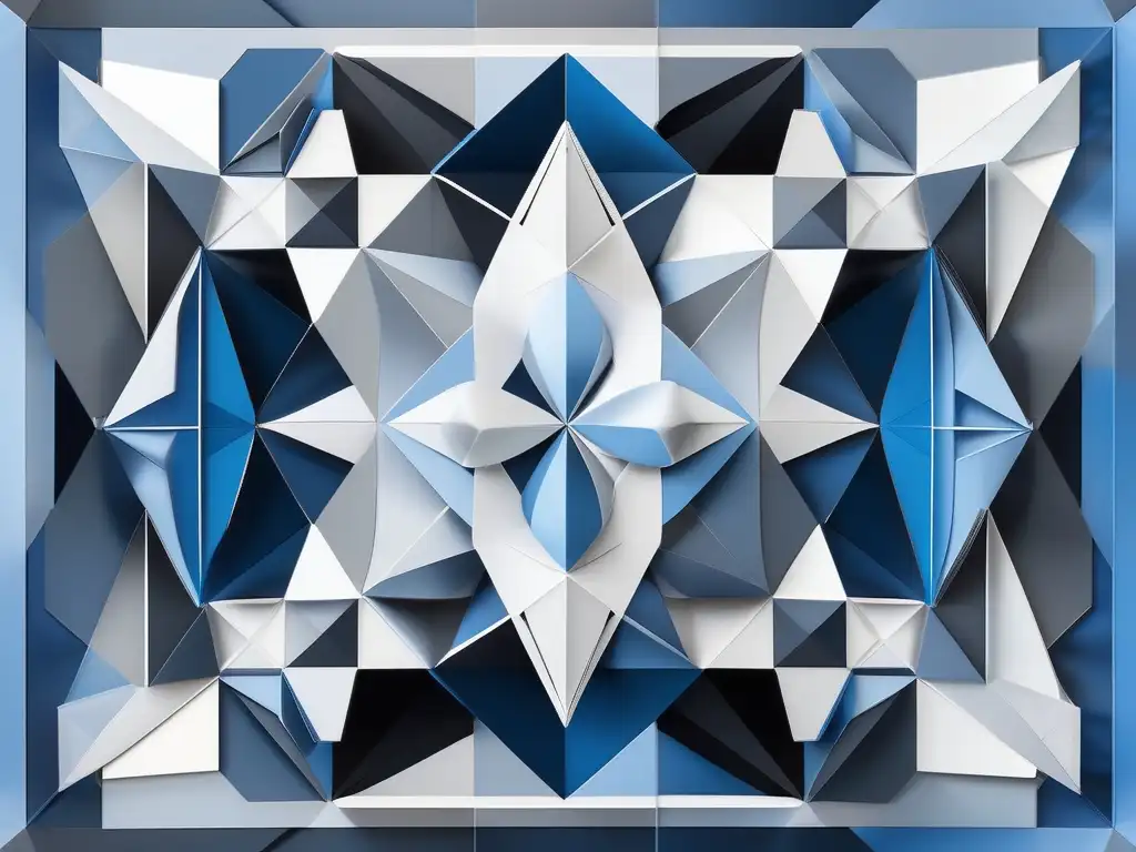 Imagen abstracta 8k: composición simétrica de formas geométricas en azul, gris y blanco