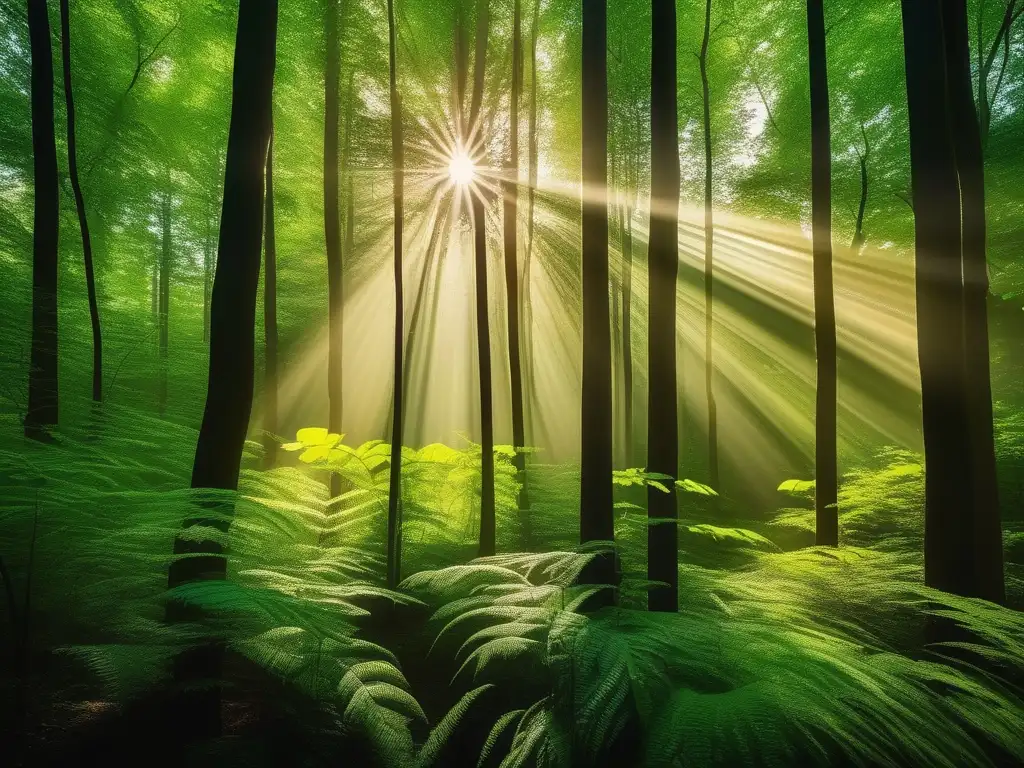 Bosque verde exuberante con árboles altos y follaje vibrante, luz solar filtrándose entre las hojas