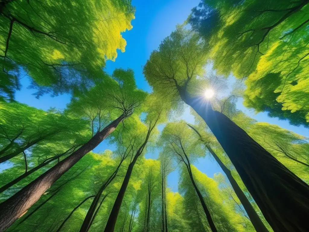 Un bosque exuberante con árboles majestuosos, aves coloridas y vida silvestre, resaltando el liderazgo ético y la naturaleza