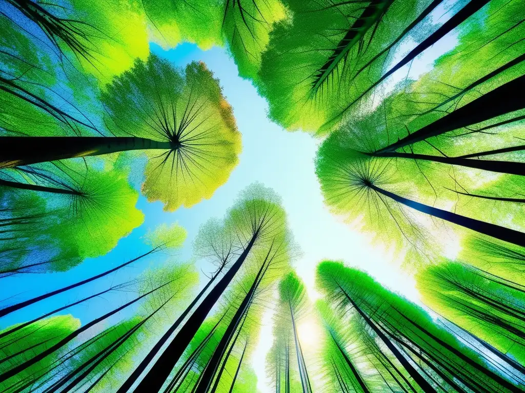 Bosque verde exuberante con árboles altos, hojas vibrantes y rayos de sol filtrados