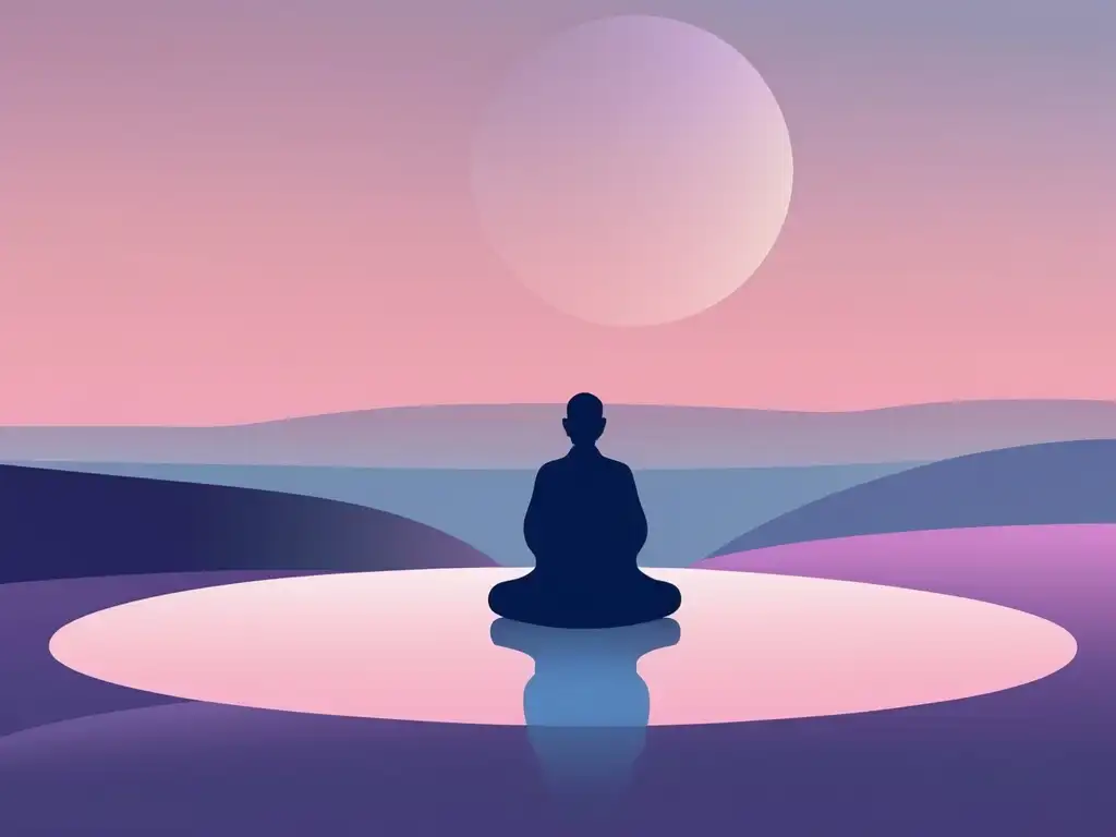 Imagen minimalista de escena serena y tranquila con figura meditando en aura de luz