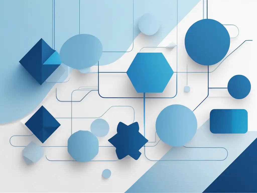 Importancia habilidades blandas en negociaciones internacionales - Imagen abstracta y minimalista de formas geométricas azules interconectadas sobre fondo blanco, simbolizando comunicación, negociación y liderazgo