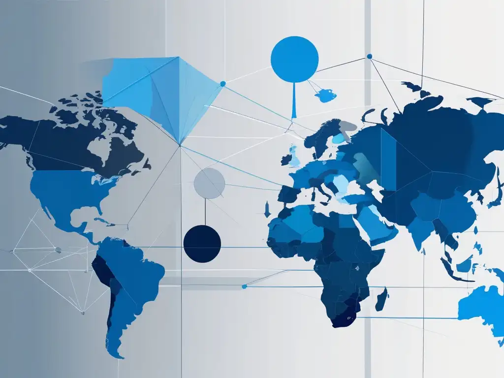 Habilidades blandas en política global: imagen abstracta de formas geométricas conectadas en tonos azules y grises, simbolizando las relaciones diplomáticas y la importancia de las habilidades interpersonales en la diplomacia