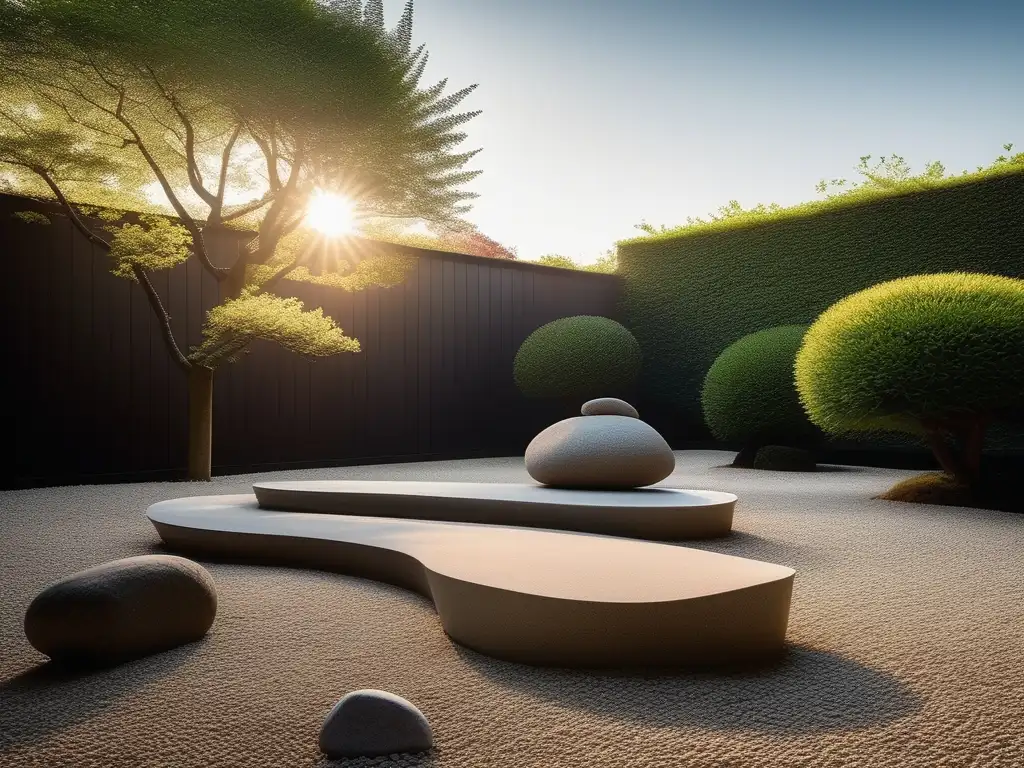 Beneficios del mindfulness en la tercera edad: Jardín Zen con escultura de piedra simbolizando estabilidad, armonía y tranquilidad