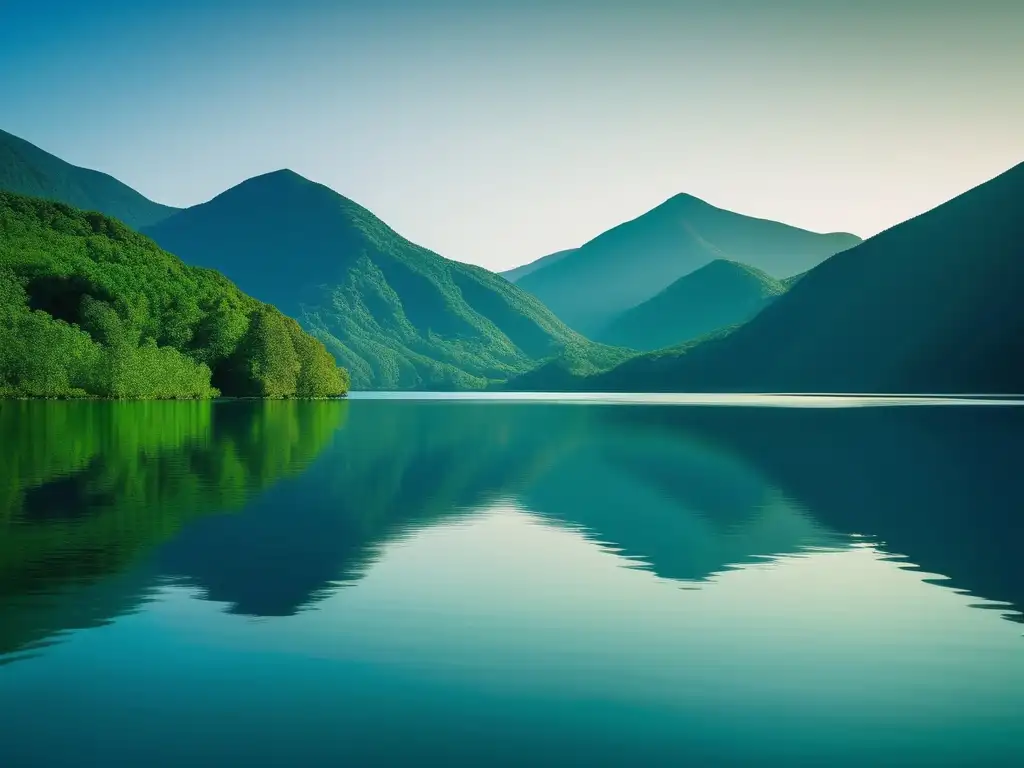 Serene lake surrounded by lush green mountains, reflecting harmony and tranquility