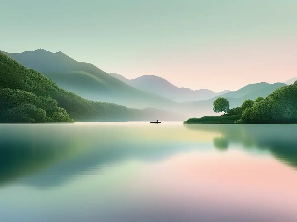 Un paisaje sereno de un lago rodeado de montañas verdes, reflejando el cielo en el agua