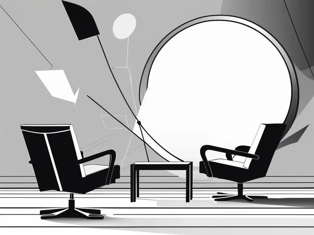 Ilustración minimalista de una silla de director en blanco y negro en un espacio vacío, resaltada con líneas audaces y ángulos afilados