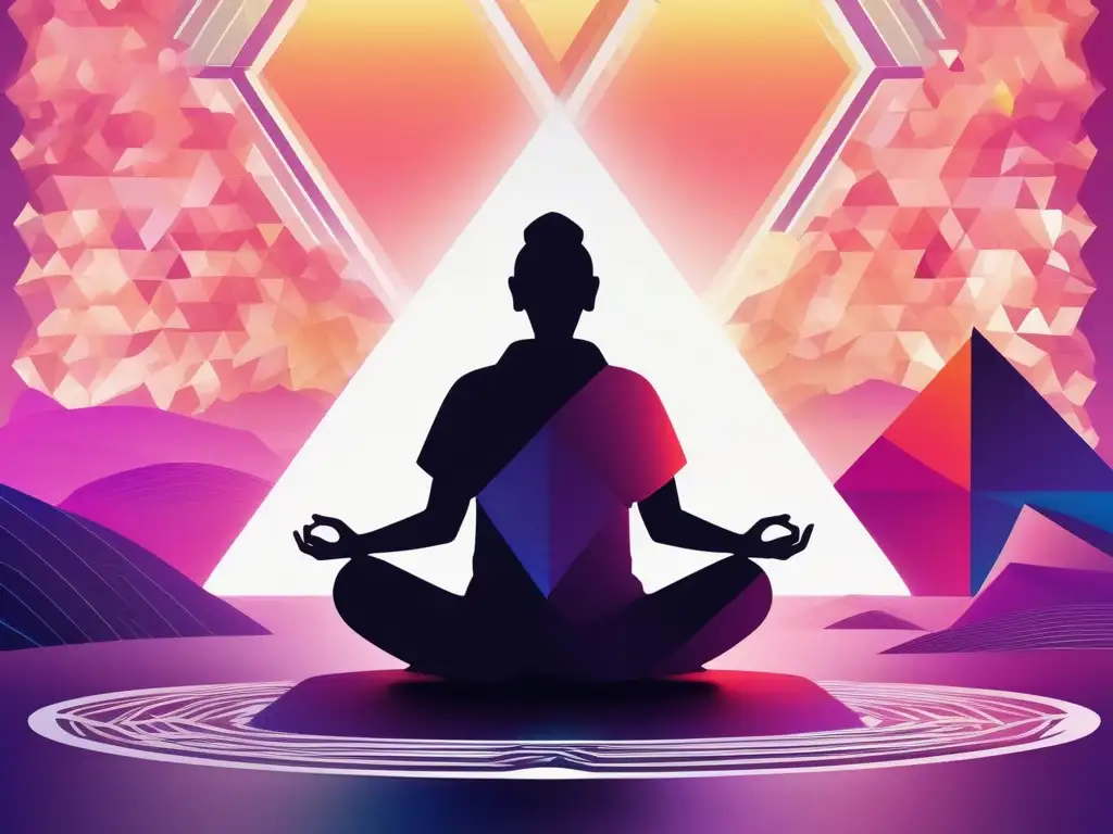 Meditación para el estrés digital Imagen: Manejo del estrés en el mundo digital - Meditación en paisaje digital sereno y minimalista
