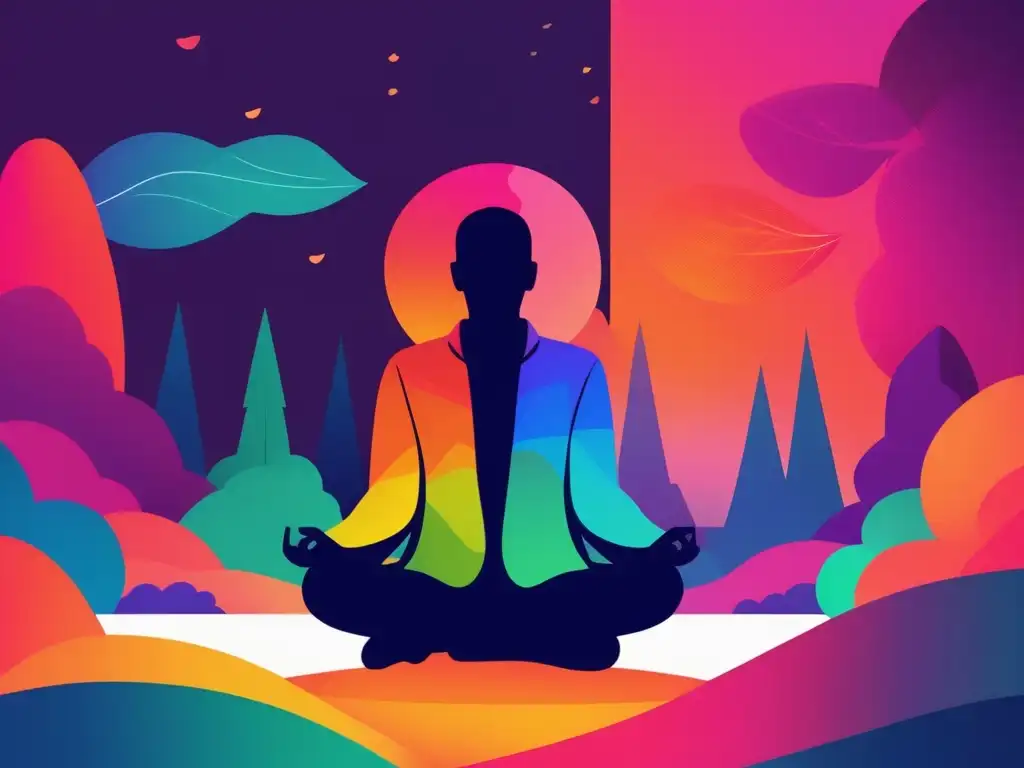 Persona meditando en entorno natural, emociones vibrantes, autoconocimiento y salud mental