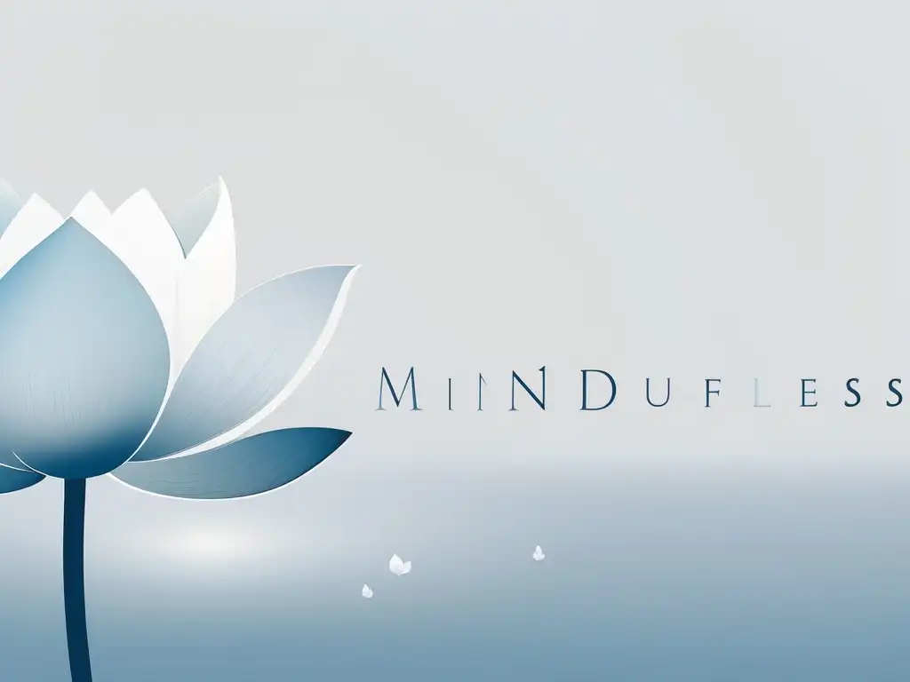 Beneficios del mindfulness para el éxito: imagen minimalista y abstracta que representa tranquilidad, crecimiento y claridad a través de una flor de loto y elegante tipografía