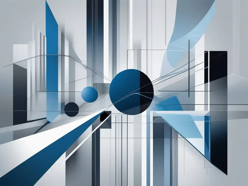 Arte abstracto minimalista en tonos azules y grises Persuasión efectiva en comunicación virtual: Arte abstracto minimalista con líneas y formas geométricas en tonos de azul y gris, evocando adaptabilidad y transformación
