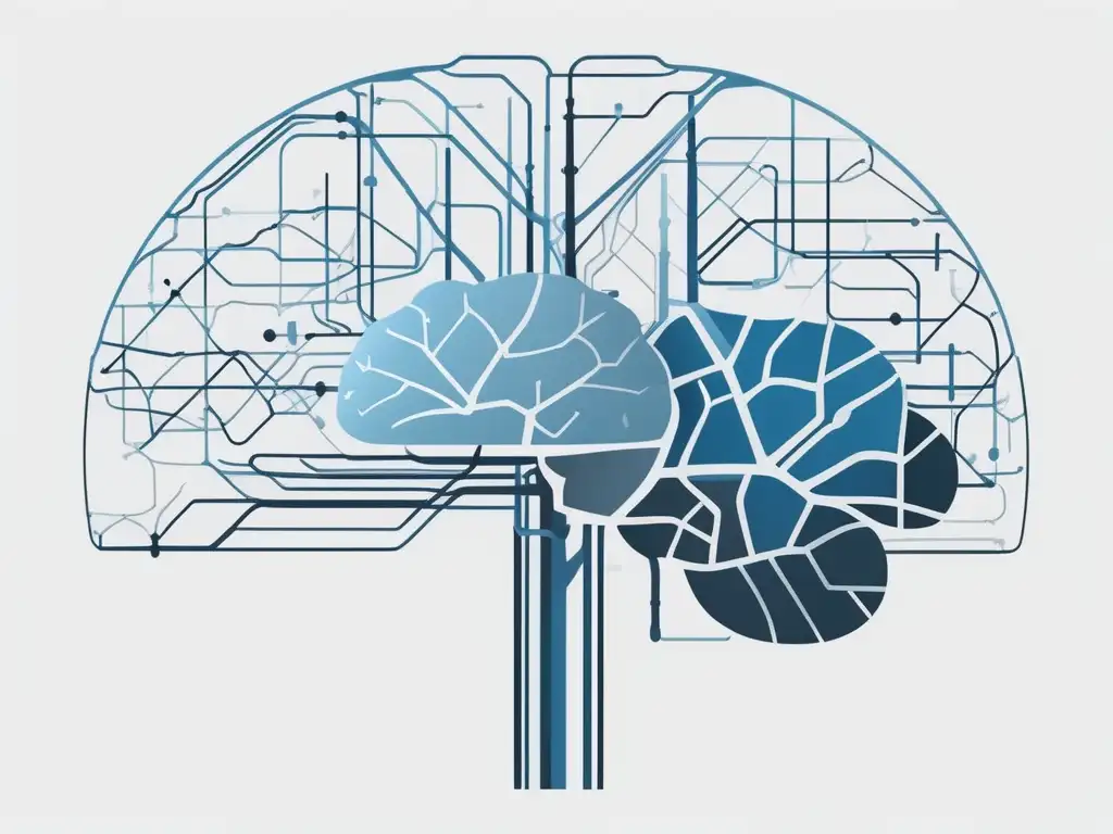 Mejorar presentación con neurociencia: imagen minimalista del cerebro con conexiones y áreas destacadas en tonos azules y grises