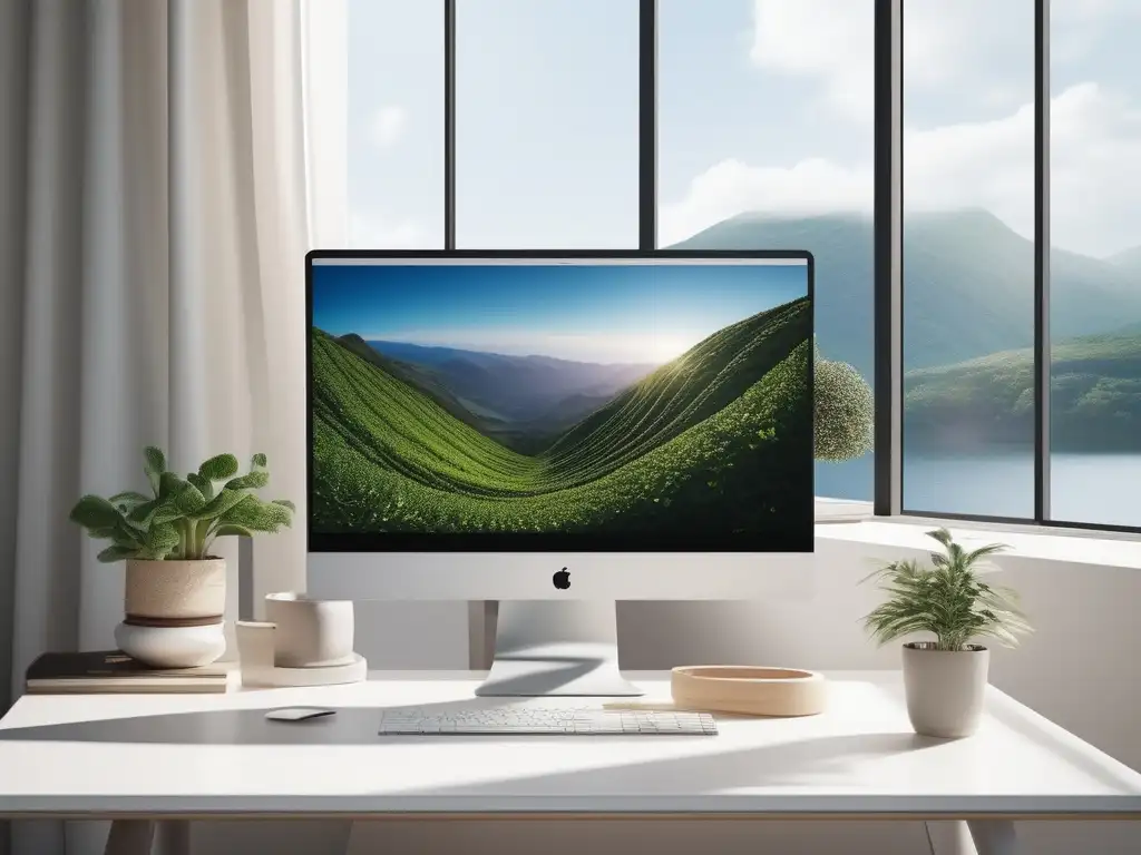 Espacio de trabajo minimalista con paisaje natural Espacio de trabajo abstracto y minimalista con gestión del tiempo en teletrabajo