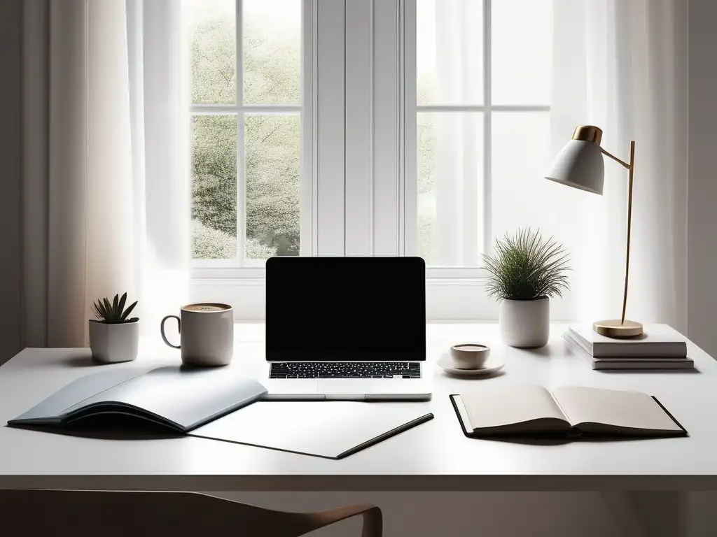 Productividad en teletrabajo: Oficina minimalista y serena con escritorio blanco, laptop, cuaderno organizado y café