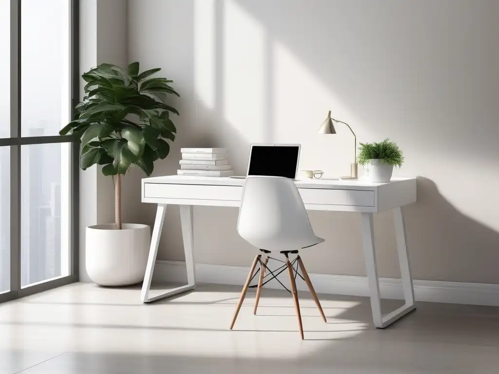 Espacio de oficina minimalista con escritorio blanco y ambiente sereno