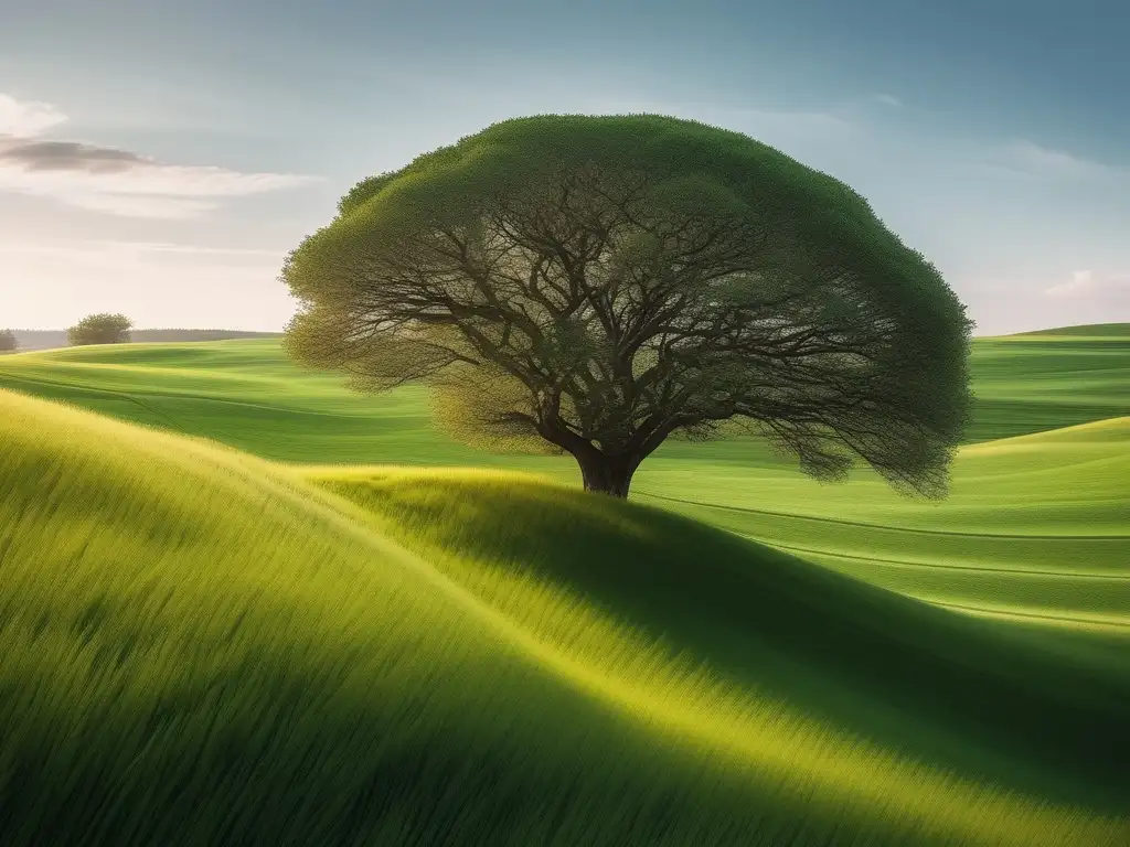 Paisaje sereno con campo verde, árbol solitario, cielo pastel - Estrategias para habilidades blandas y manejo del estrés