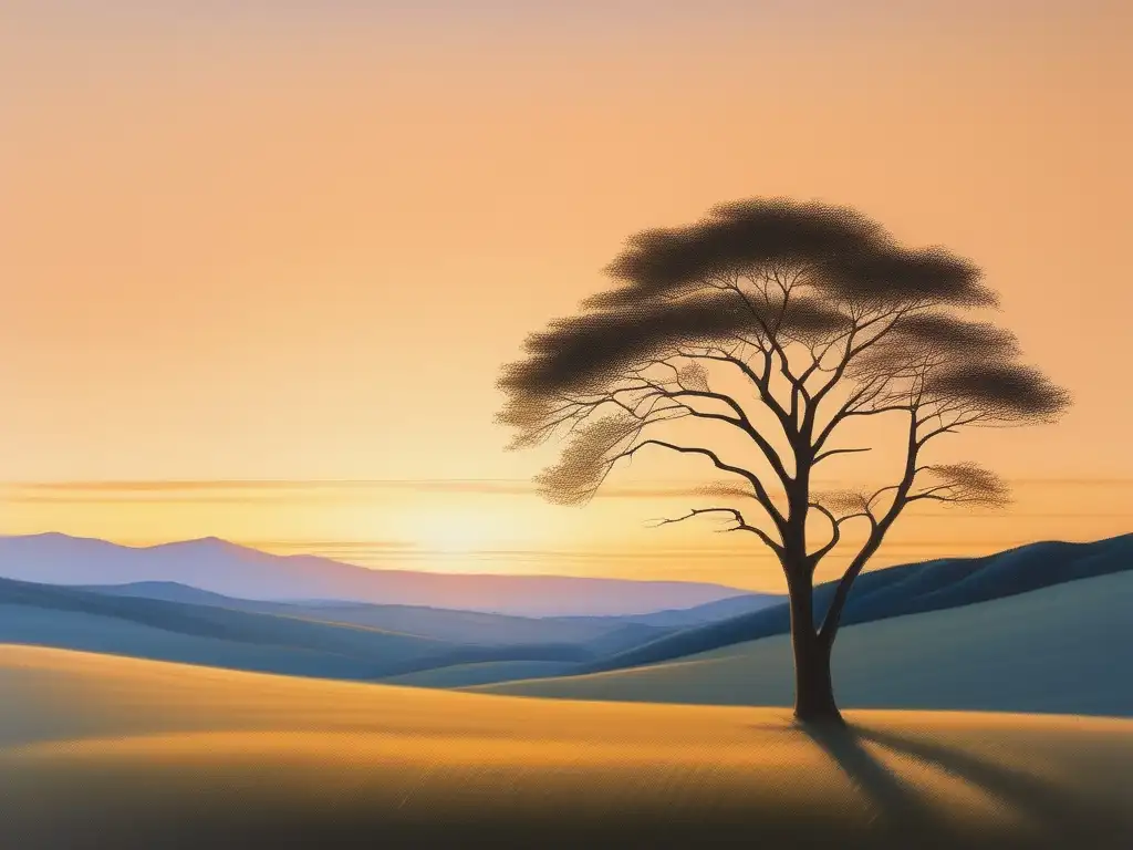 Paisaje sereno y minimalista Paisaje sereno y minimalista con árbol, invita al manejo del estrés en el mundo digital