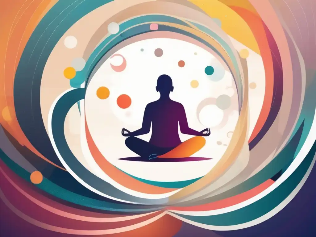 Mejora comunicación con mindfulness: persona en posición tranquila rodeada de formas abstractas multicolores