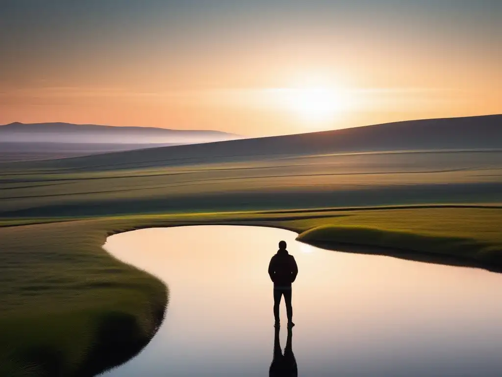 Guía mindfulness: paisaje sereno y minimalista con figura meditativa en un espacio vasto y equilibrado