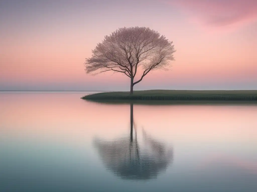 Serenidad y armonía en la naturaleza Importancia de la empatía en decisiones éticas: paisaje minimalista y abstracto con agua tranquila, cielo pastel y árbol solitario