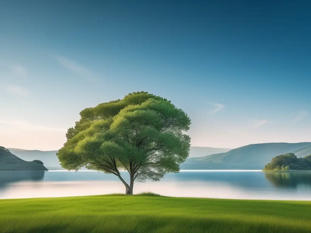 Paisaje minimalista con lago azul y árbol solitario