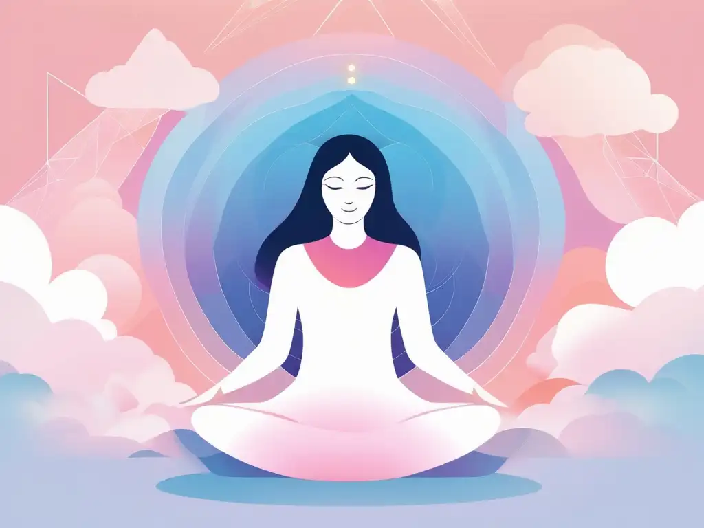 Beneficios de mindfulness en la maternidad: madre serena en una nube blanca rodeada de aura rosa y azul, transmite paz y autocompasión