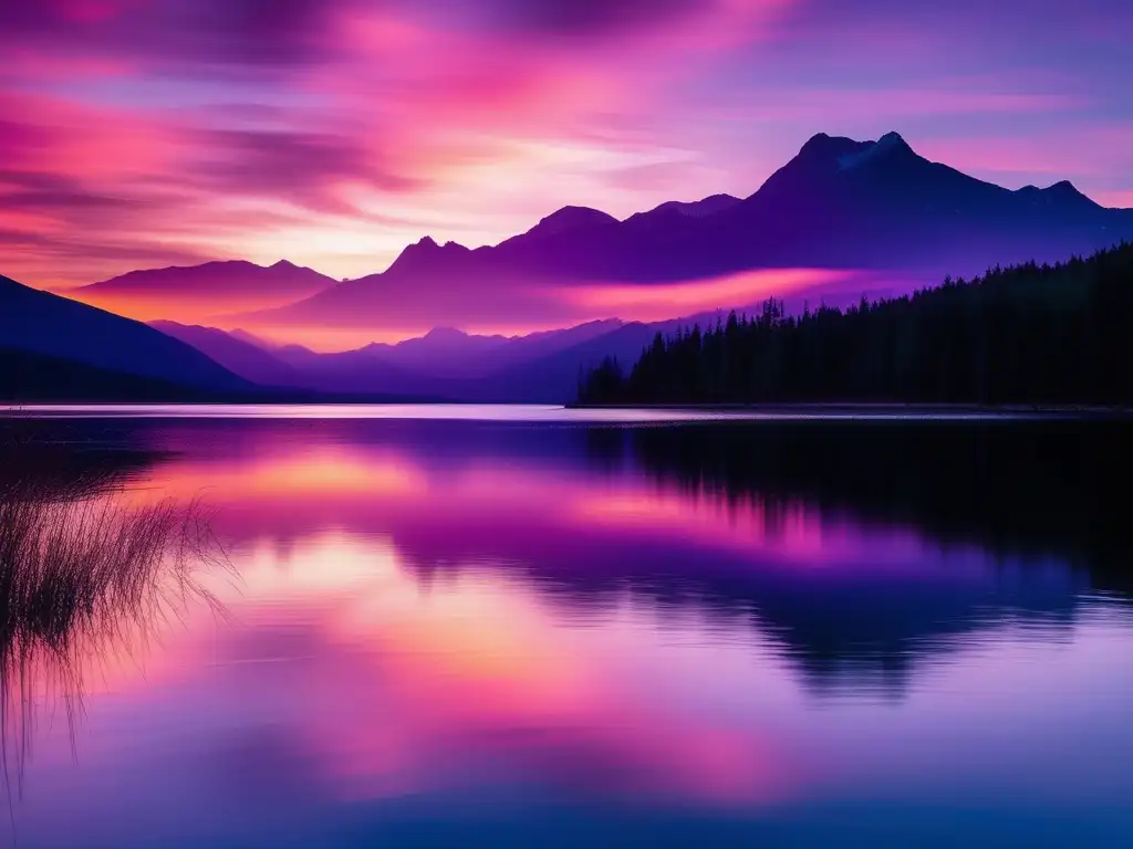 Importancia de la asertividad en el trabajo: Lago sereno rodeado de montañas, reflejando colores vibrantes en el cielo