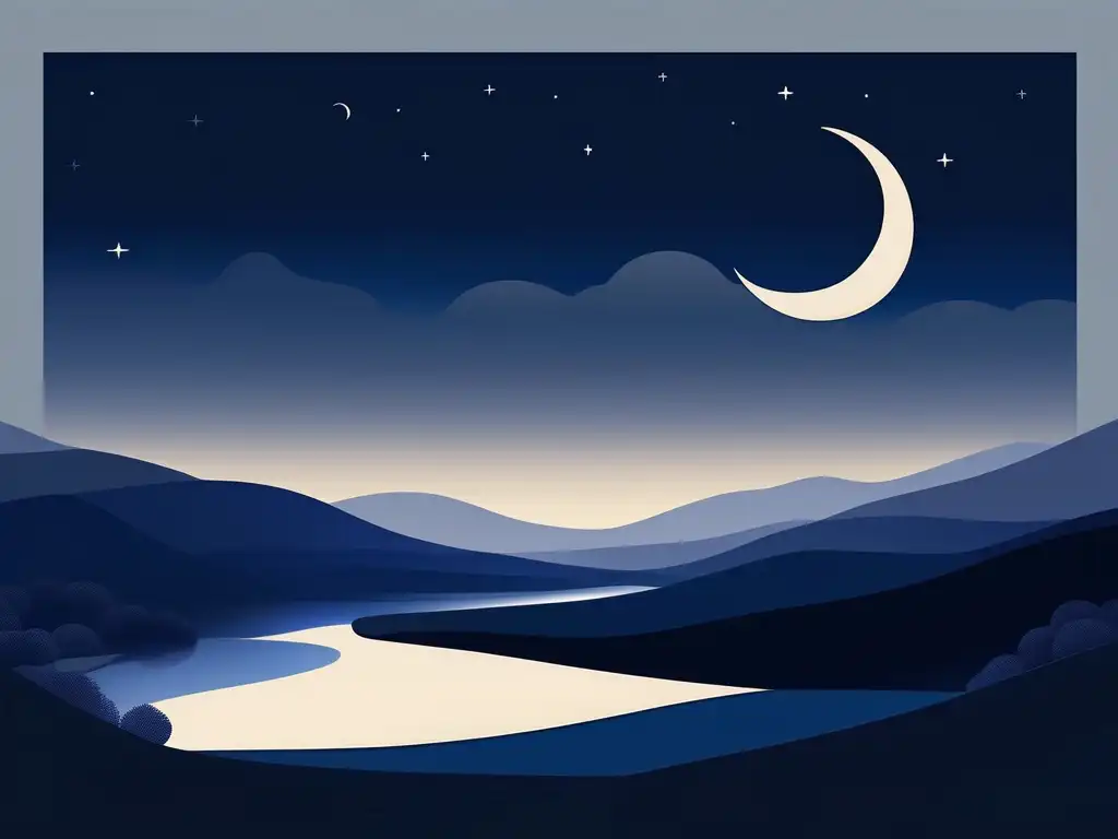 Técnicas de mindfulness para insomnio: paisaje nocturno con luna creciente brillante en tonos índigo tranquilos