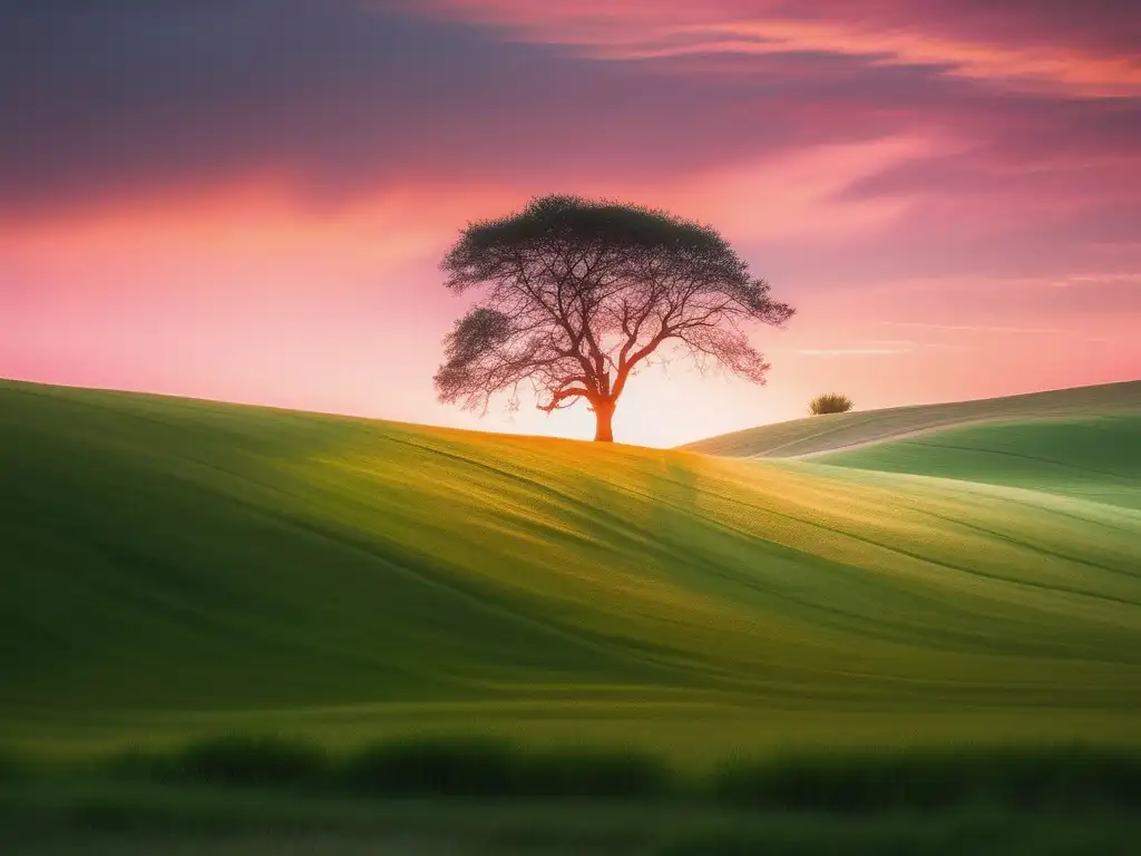 Importancia de la resiliencia en el desempeño laboral: paisaje sereno con colinas verdes, cielo rosado y árbol solitario