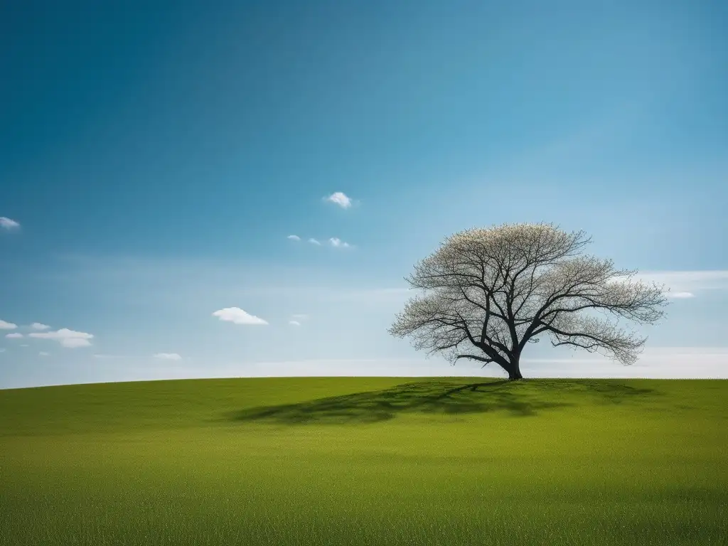 Escena serena y tranquila con cielo azul, nubes y árbol en flor