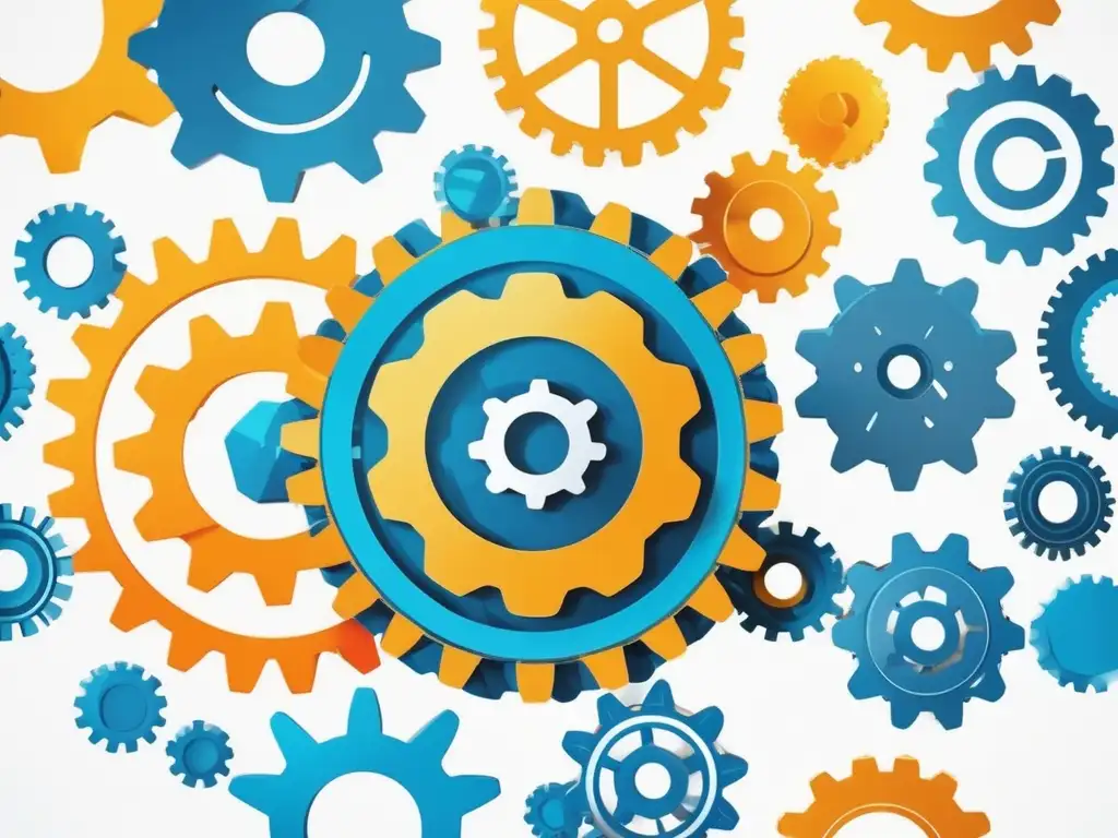 Habilidades clave para desarrolladores de software: imagen abstracta con 3 engranajes interconectados en colores vibrantes, representando comunicación efectiva, trabajo en equipo y pensamiento crítico