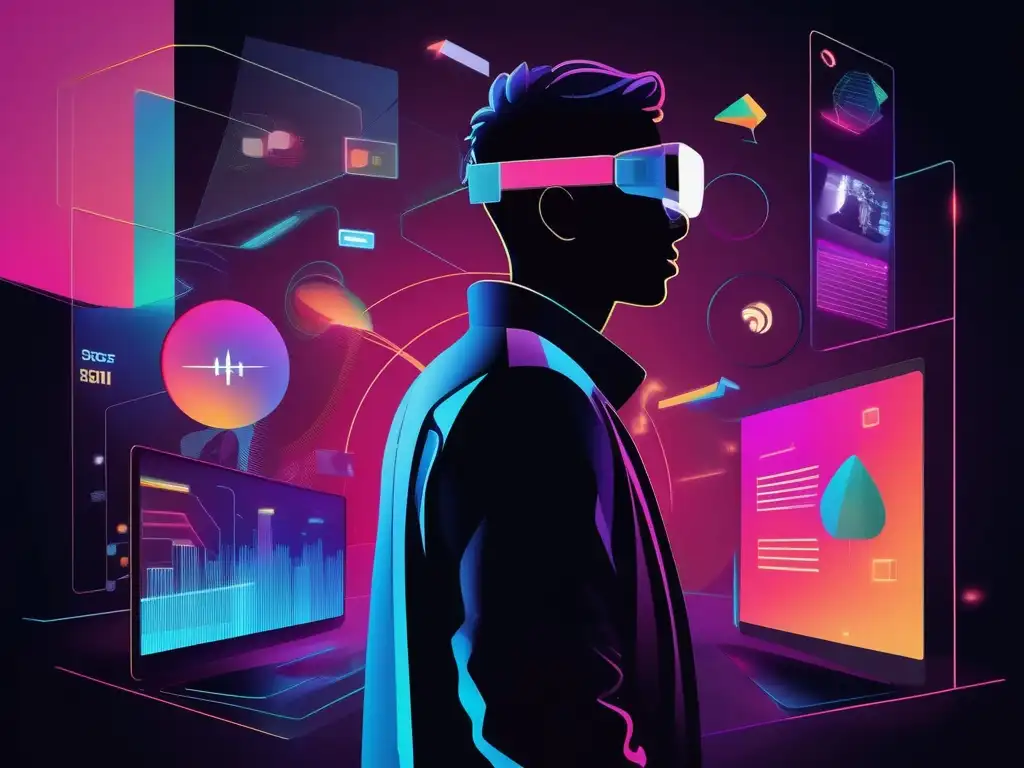 Persona con gafas de realidad aumentada rodeada de objetos virtuales e información